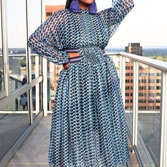 Runway Skirts Blue Halter Neckline Long Sleeves Cut Out Ankle Lenght Dress S - Picture 2 of 14